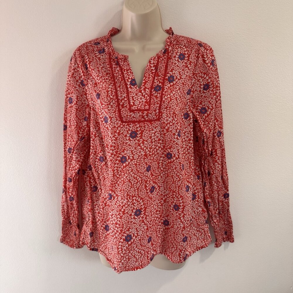 Talbots Blouse Shirt M Red Blue Floral Smocked Long Sleeve Boho 100% Cotton
